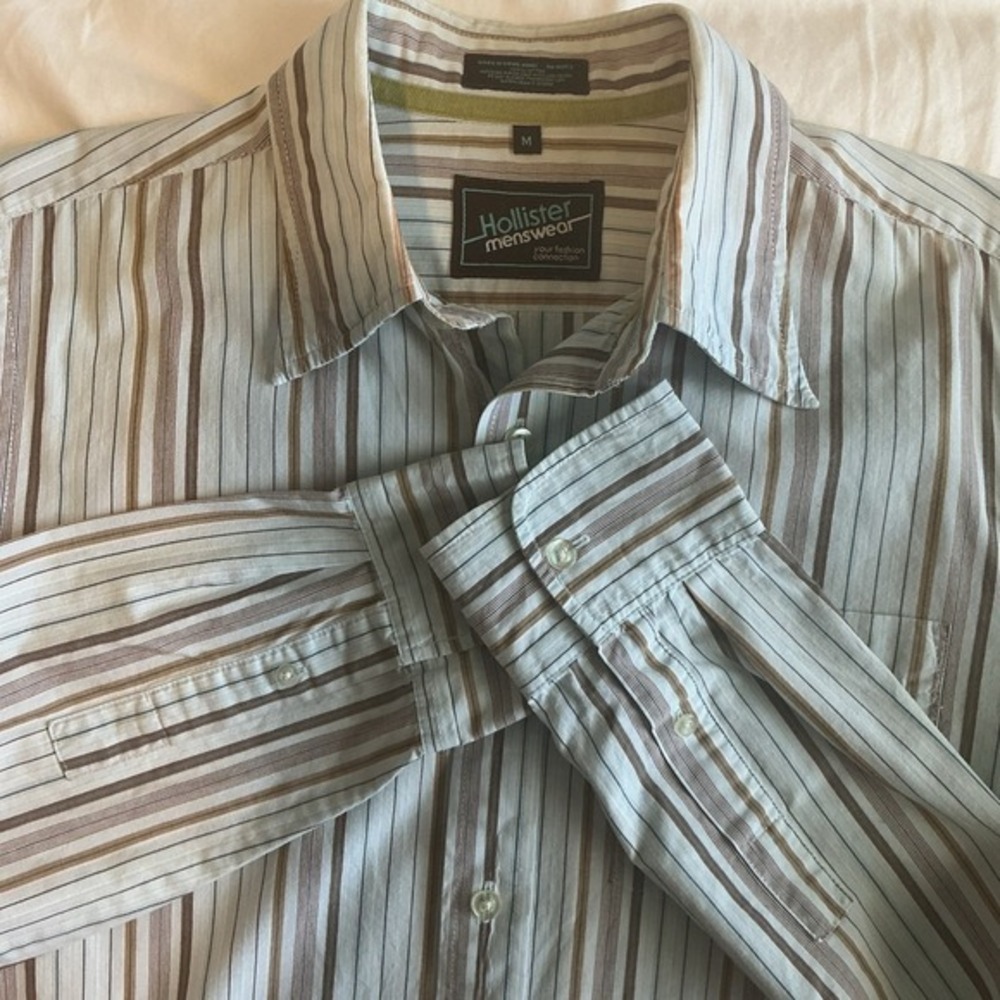 Hollister Menswear Light Blue Brown Green Striped Long Sleeve Dress‎ Shirt Sz M